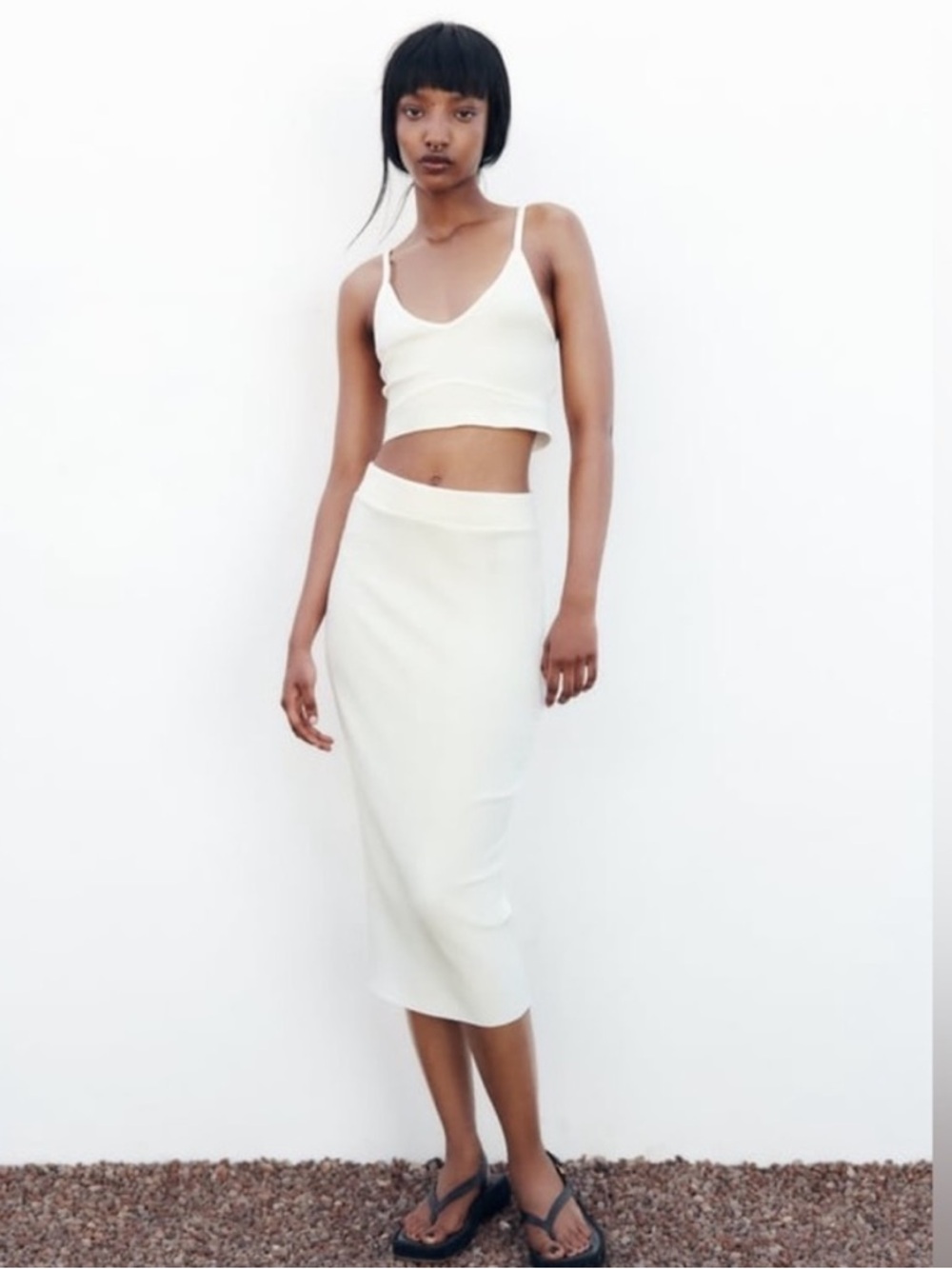NWT Zara Ivory White Ribbed Knit Midi Maxi Skirt Roll Hem Bodycon Stretchy Small - Picture 3 of 7